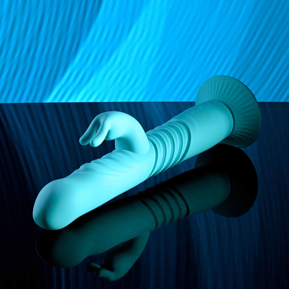 Evolved BUNNY HOP - Teal 25.1 cm USB Rechargeable Thrusting Rabbit Vibrator with Suction Base