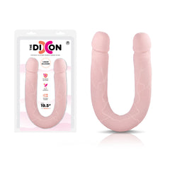 Image of the packaging and product of "The Dixon," a flesh-colored silicone double-ended dildo. The product is pale pink, textured with veins, and shaped like a U. The packaging highlights features like hygienic liquid silicone, a silky smooth surface, and dimensions of 50 cm.