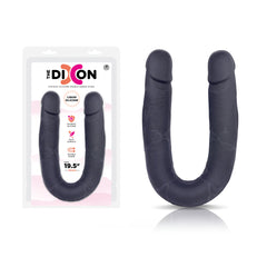 An image of "The Dixon - Black Double Ended Dildo" displayed next to its packaging. The packaging reads "The Dicon" and highlights features like "hygienic liquid silicone" and a length of "50 cm." The dildo boasts a silky smooth surface and rounded ends.