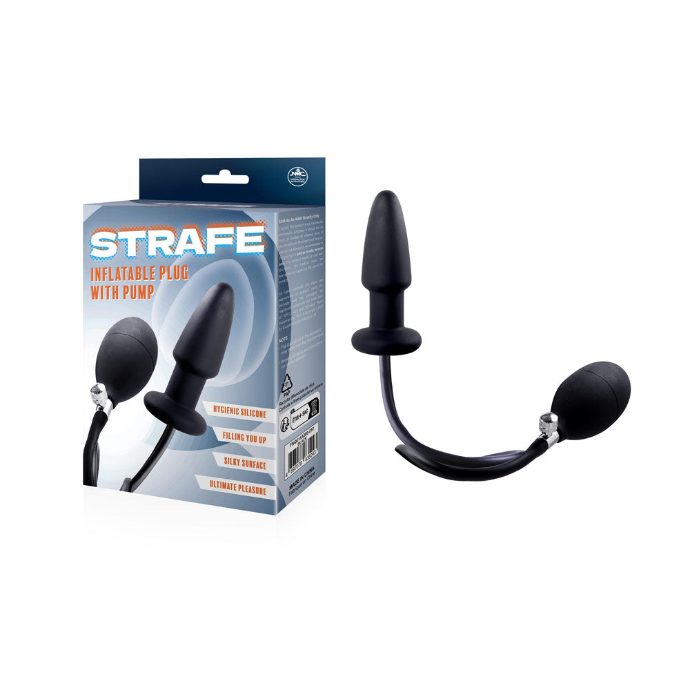 A black inflatable butt plug, equipped with a connected hand pump, is displayed next to its packaging. The packaging features the brand name "Strife" and describes the product as a "Strife Inflatable Butt Plug - Black," emphasizing its hygienic silicone surface, fullness, silky texture, and ultimate pleasure.
