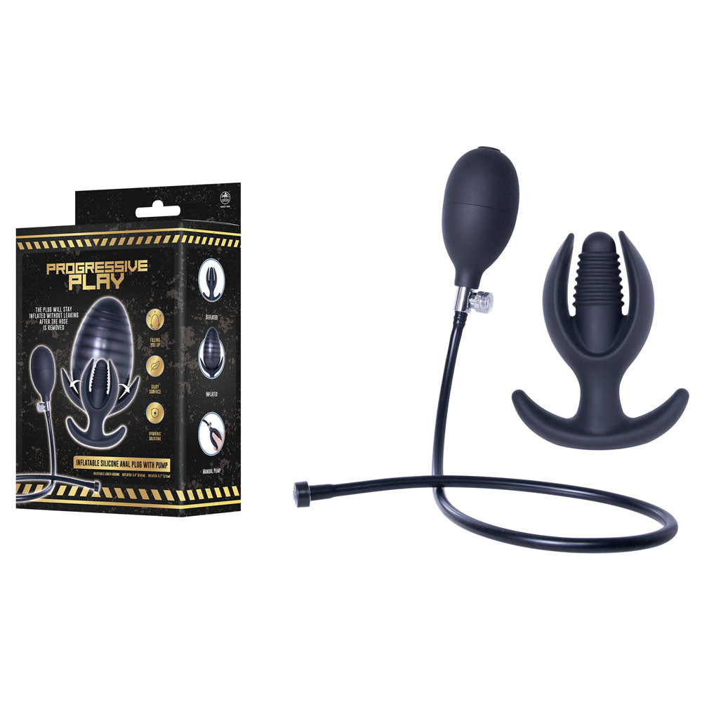 Progressive Play - Inflatable Silicone Anal Plug with Pump - Black 16.5 cm Inflatable Butt Plug