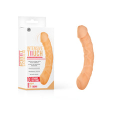 Image of the Intensive Touch Vibrator - Flesh, featuring a skin-toned, anatomically shaped personal device. The packaging highlights features such as liquid silicone with a soft touch, 10 dynamic rhythms, USB rechargeable functionality, splash-proof design, and a notable 7-inch size. Ideal for use as a G-spot massager.