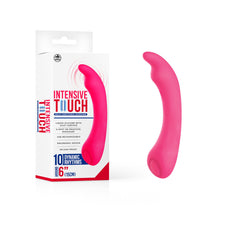 A pink "Intensive Touch Vibrator - Pink" made of silicone lies next to its white packaging. The packaging showcases the product name "Intensive Touch," highlights its features and specifications, including 10 dynamic rhythms, USB rechargeable capability, and a length of 6 inches (15 cm). This versatile device can be used as a G-spot massager.