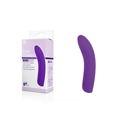The image features a super soft silicone purple personal massager called the "Cozy Pointer Vibrator - Purple" next to its packaging. The predominantly white and lavender box is labeled with the product's name along with "Pocket Size Vibrator," showcasing details such as one-touch control, 12 unique settings, and USB-C rechargeable capability.
