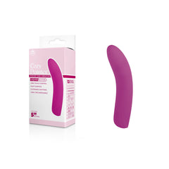 A pink pocket-sized vibrator with a curved shape is displayed next to its matching pink packaging box. The box is labeled "Cozy Pointer Vibrator - Pink" and highlights features like a super soft silicone surface, 12 dynamic settings, and USB recharging.