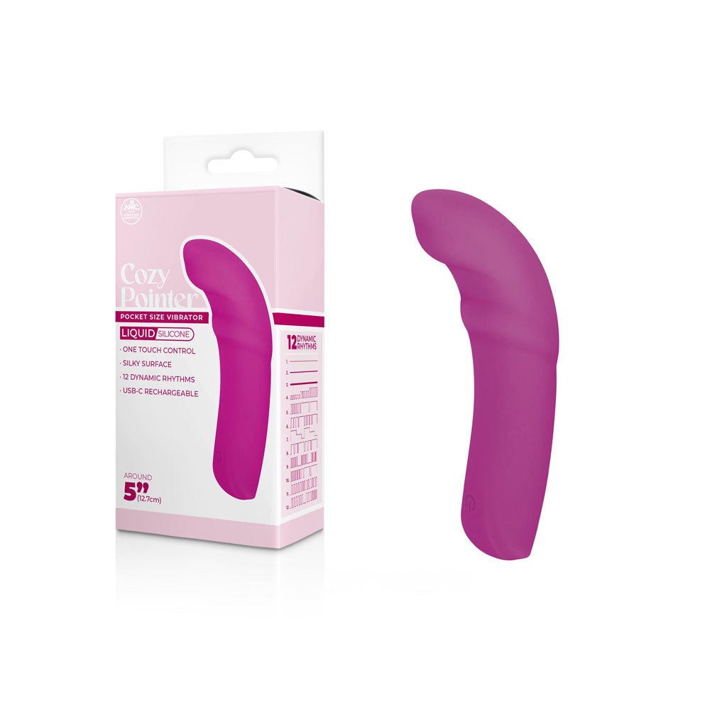 A pink, curved vibrator labeled "Cozy Pointer Vibrator - Pink" is displayed with its packaging. The box highlights features like super soft liquid-silicone material, one-touch control, a silky surface, 12 dynamic rhythms, and USB-C rechargeability. The product measures 5 inches (12.7 cm) in length.
