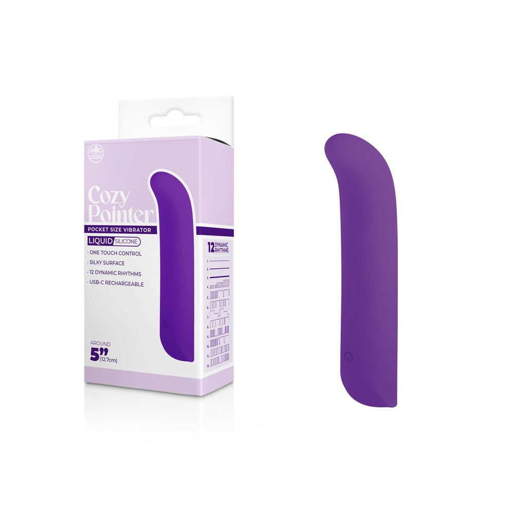 A purple Cozy Pointer Vibrator is displayed beside its packaging. The packaging highlights features such as "one-touch control," "super soft silicone," "USB-C rechargeable," and indicates a 5.9-inch size with a 12-month warranty.