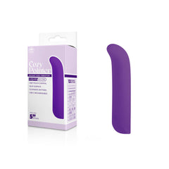 A purple Cozy Pointer Vibrator is displayed beside its packaging. The packaging highlights features such as "one-touch control," "super soft silicone," "USB-C rechargeable," and indicates a 5.9-inch size with a 12-month warranty.