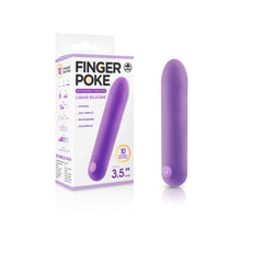 A purple Finger Poke Bullet Vibrator - Purple 3.5" stands upright next to its white and purple box. The box features the brand name "Finger Poke" along with product details such as "USB rechargeable," "portable," "waterproof," and size specifications. Experience the silky liquid silicone and dynamic vibration rhythms.