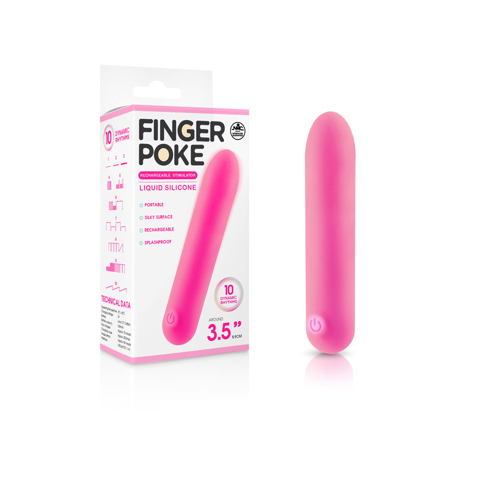 A photo showing a boxed and unboxed pink silicone personal massager. The box displays the brand name "Finger Poke Bullet Vibrator - Pink" and highlights features like "silky liquid silicone," "10 settings," "waterproof," and "USB rechargeable." The massager itself is smooth, cylindrical, and offers dynamic vibration rhythms.