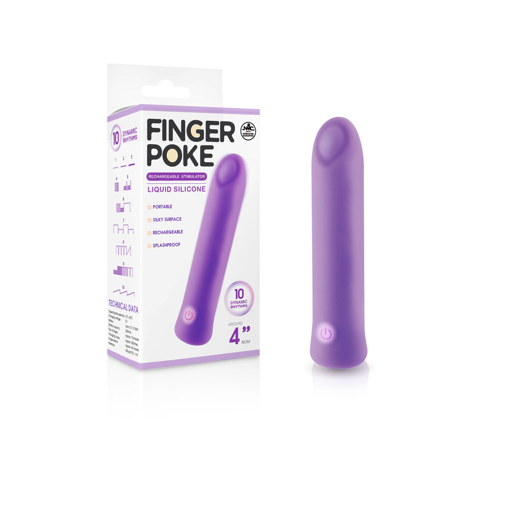 Image of a purple 4" silicone Finger Poke Bullet Vibrator with packaging labeled "FINGER POKE" and "FLEXIBLE LIQUID SILICONE". Features include portability, a silky surface, USB rechargeability, waterproof design, 10 functions and 4 intensity levels, and dynamic vibration rhythms for added pleasure.