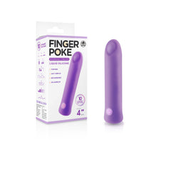 Image of a purple 4" silicone Finger Poke Bullet Vibrator with packaging labeled "FINGER POKE" and "FLEXIBLE LIQUID SILICONE". Features include portability, a silky surface, USB rechargeability, waterproof design, 10 functions and 4 intensity levels, and dynamic vibration rhythms for added pleasure.