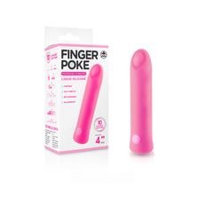 A pink, finger-shaped silicone personal massager labeled "Finger Poke Bullet Vibrator- Pink 4" is shown next to its packaging box. The box highlights features such as being portable, waterproof, USB rechargeable, made with silky liquid silicone, and having 10 dynamic vibration rhythms.