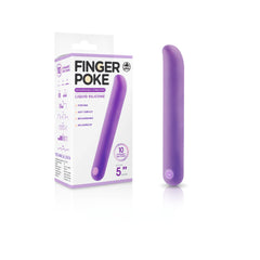 A purple cylindrical Finger Poke Bullet Vibrator next to its white and purple box. The packaging emphasizes features such as portability, waterproof design, USB rechargeability, and construction from silky liquid silicone. It also mentions 10 dynamic vibration rhythms and a length of 5 inches.
