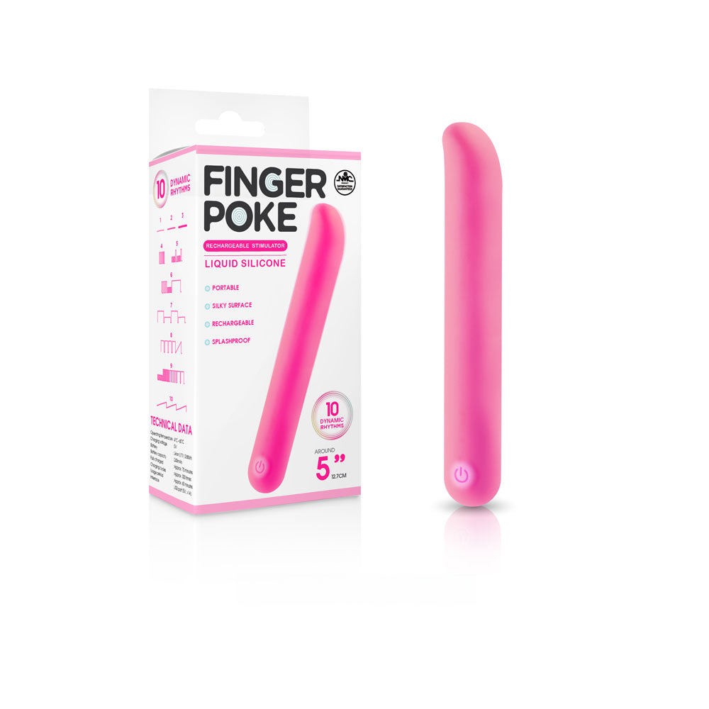 Image of a Finger Poke Bullet Vibrator - Pink 5". The slim pink device features a power button at the base and stands next to its white and pink packaging, which highlights features such as portability, a silky liquid silicone surface, and USB rechargeability.