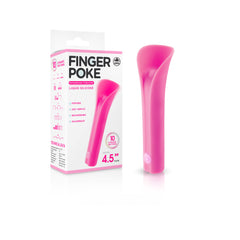 A pink silicone vibrator, named "Finger Poke Bullet Vibrator - Pink 4.5"," is standing upright next to its packaging. The packaging highlights features like "10 speeds," "waterproof," "safe & hygienic," and a size of "4.5 inches." This USB rechargeable device boasts silky liquid silicone for a smooth feel and dynamic vibration rhythms for enhanced pleasure.