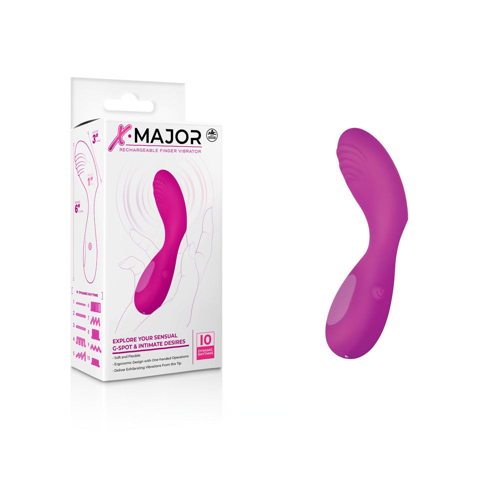 The X Major Finger Vibe - Pink G-Spot Vibrator is showcased alongside its packaging, which includes an image of the product and descriptions of its functionalities and features. The box text highlights the brand "X Major" and emphasizes the product’s USB rechargeable capability.