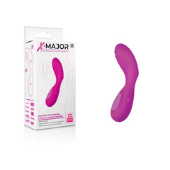 The X Major Finger Vibe - Pink G-Spot Vibrator is showcased alongside its packaging, which includes an image of the product and descriptions of its functionalities and features. The box text highlights the brand "X Major" and emphasizes the product’s USB rechargeable capability.