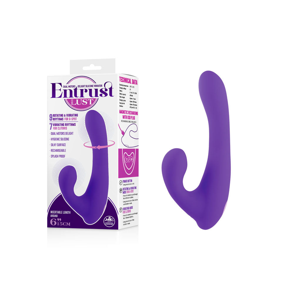 Image of a purple silicone Entrust With Lust Vibrator alongside its packaging box. The box displays the brand name "Entrust Lust" and highlights features such as clitoral stimulation, 9 vibrating functions, dual motors, USB rechargeable capabilities, and splash proof design.