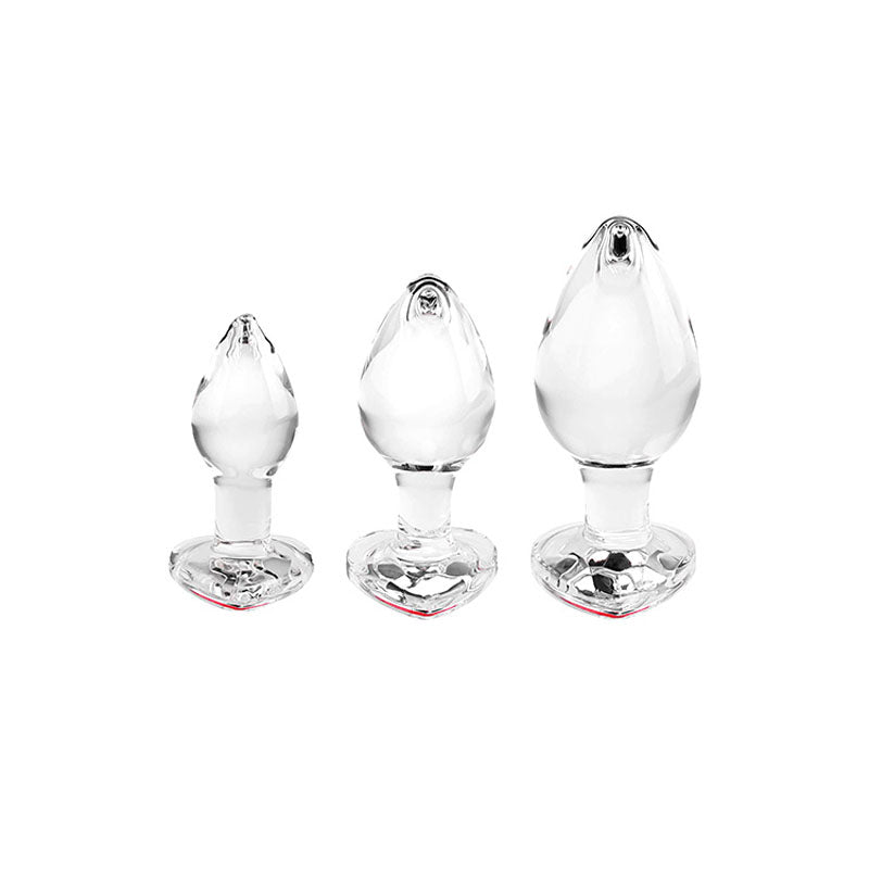 Adam & Eve RED HEART GEM GLASS BUTT PLUG SET - Clear