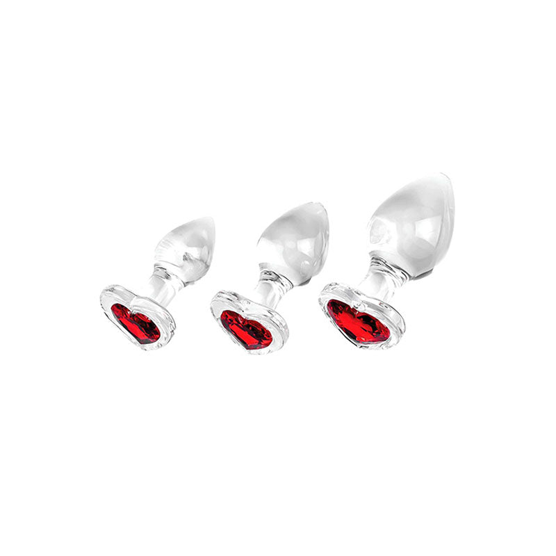 Adam & Eve RED HEART GEM GLASS BUTT PLUG SET - Clear