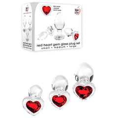 Adam & Eve RED HEART GEM GLASS BUTT PLUG SET - Clear