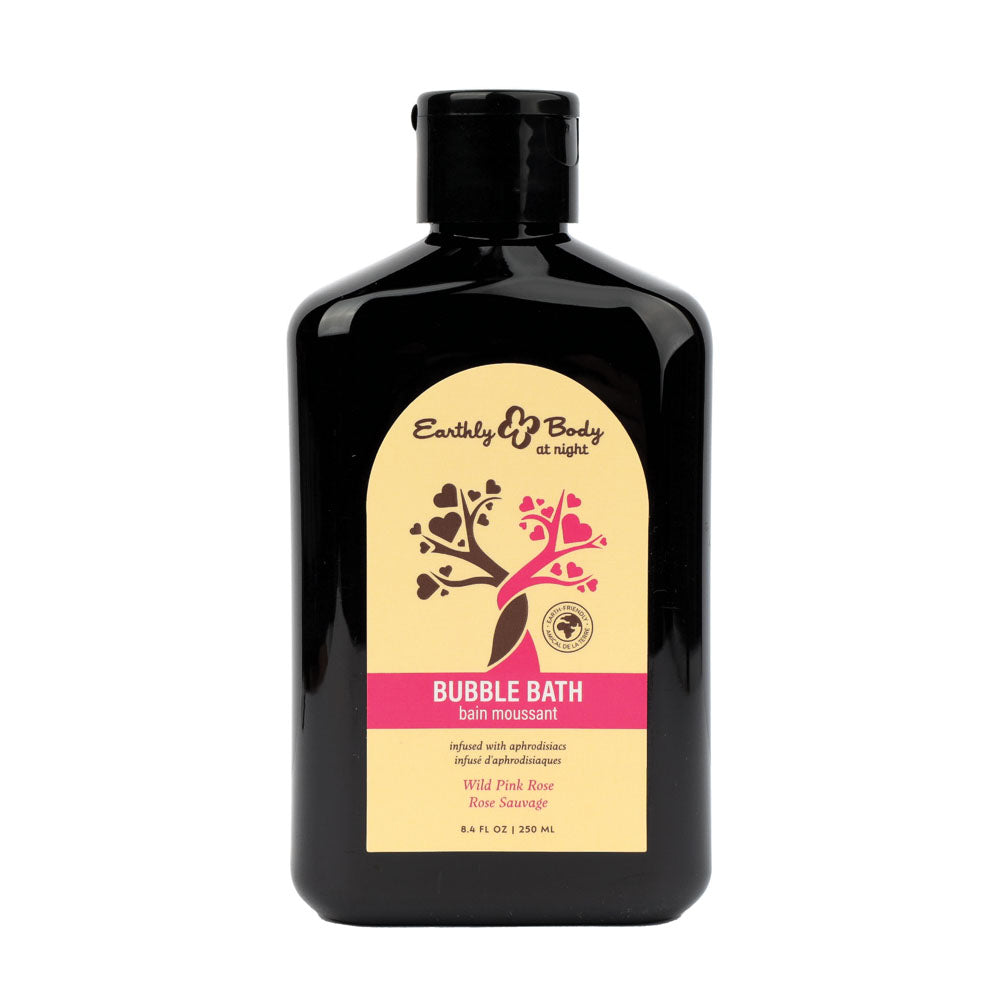 Black bottle of Earthly Body bubble bath with a yellow label on a white background