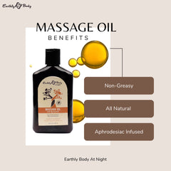Massage oil bottle with benefits listed on a beige background
