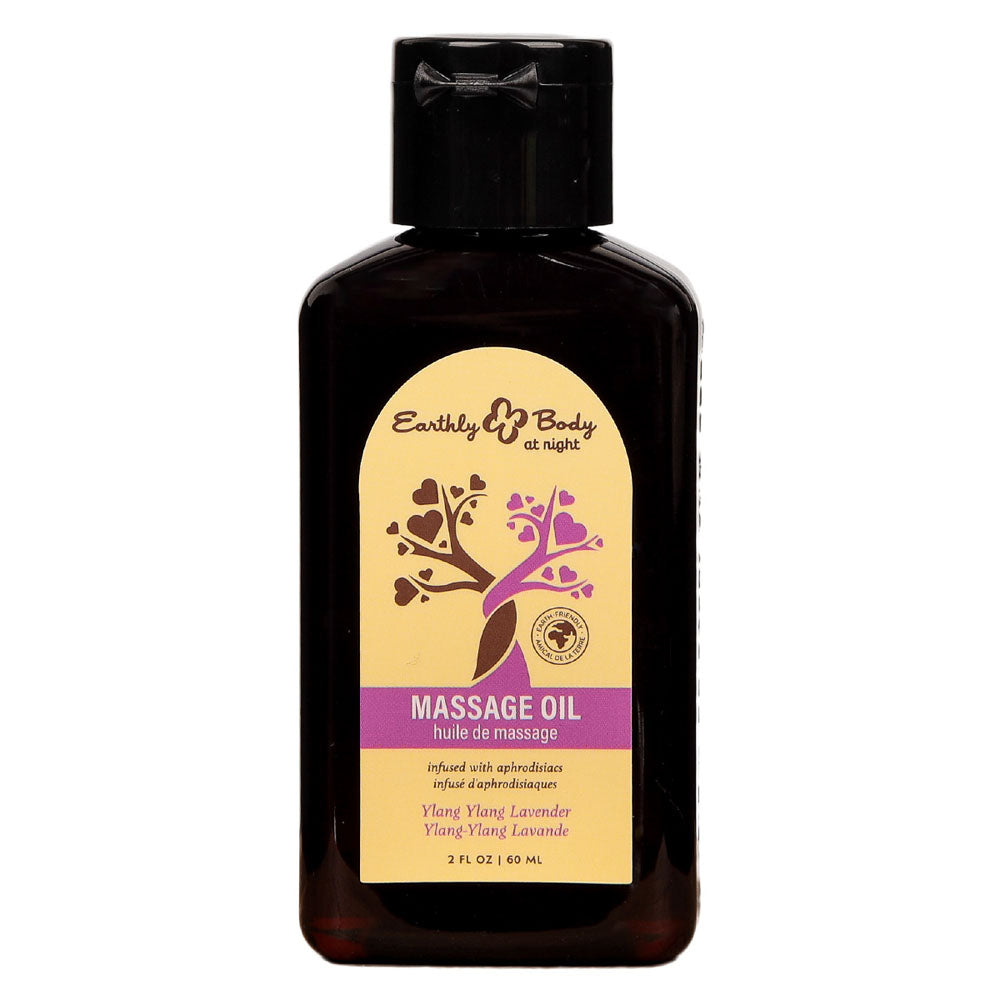 Bottle of Earthly Body massage oil on a white background