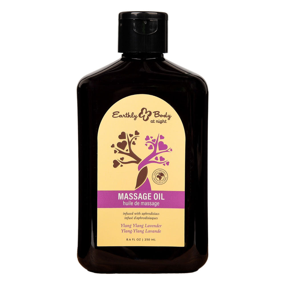 Black bottle of Earthly Body massage oil with a yellow label on a white background