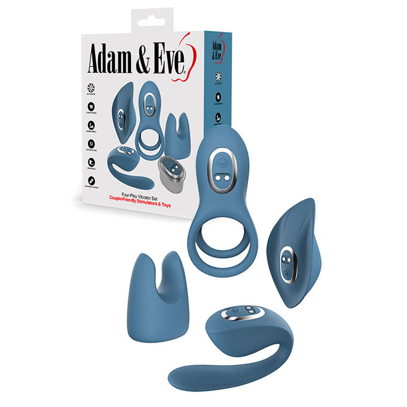 Adam & Eve FOUR-PLAY Vibrator Couples Play Kit - Blue USB Rechargeable