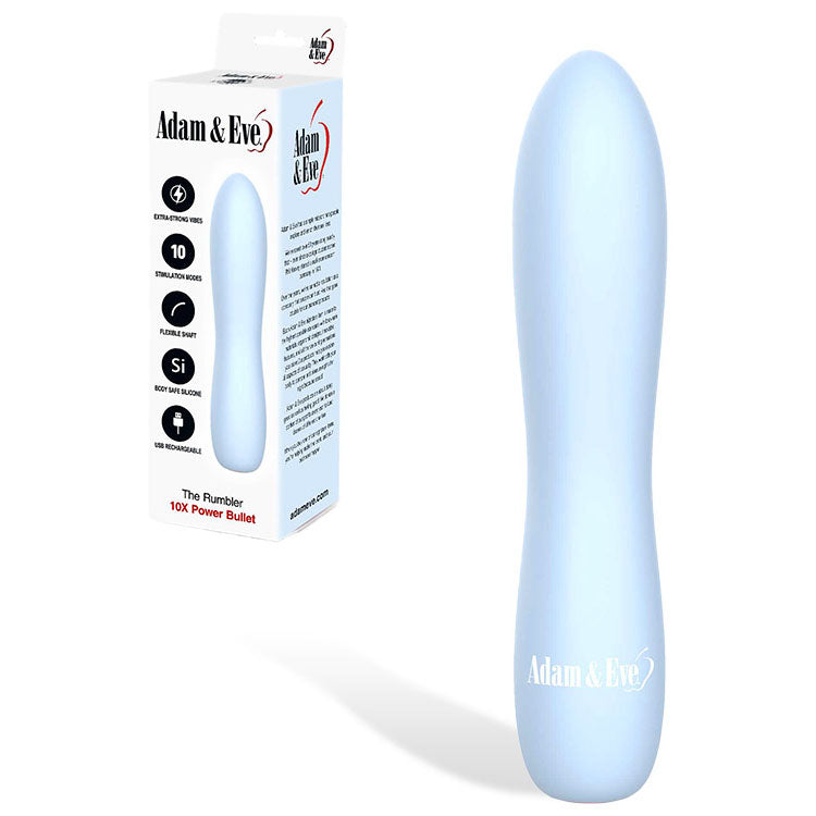 Blue rumbler with packaging labeled 'Adam & Eve' on a white background