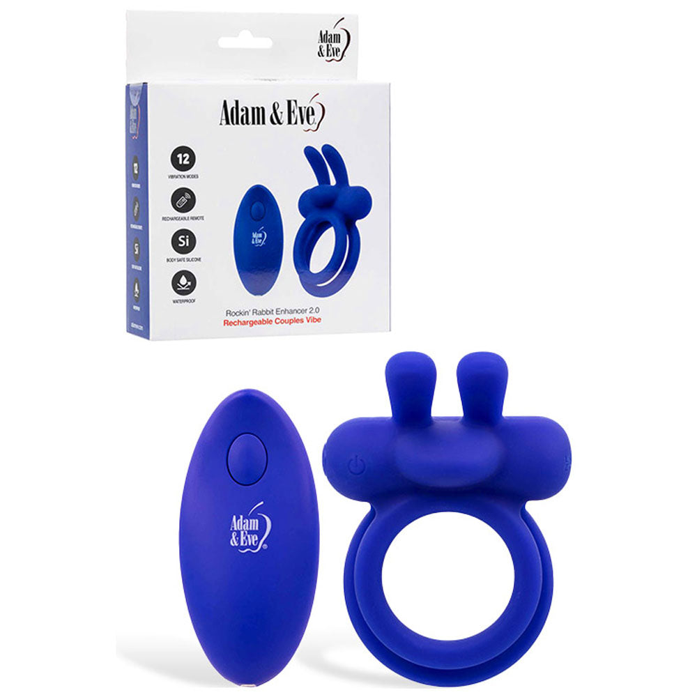 Adam & Eve ROCKIN RABBIT 2.0 Vibrating Cock Ring with Wireless Remote - Blue USB Rechargeable