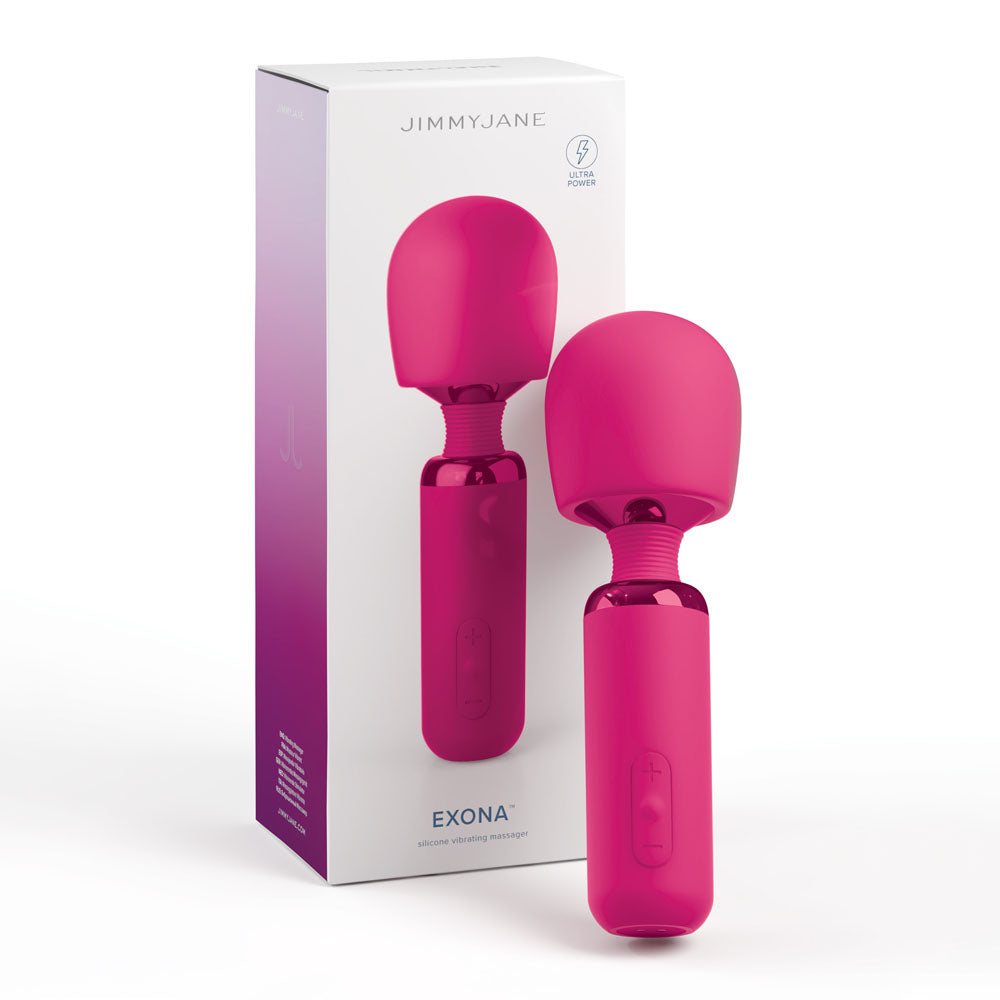 A pink handheld vibrating massager, known as the JimmyJane Exona Wand Vibrator, with a smooth, rounded head and an ergonomic wand handle is placed in front of its packaging. The box features an image of the massager along with the brand name "Jimmyjane" and the model name "Exona." This design offers powerful vibrations and convenient USB charging.