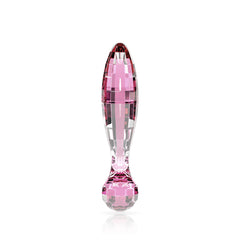 The JimmyJane Dillenia Vetro Glass Wand Dildo - Pink, a multifaceted object crafted from pink and clear borosilicate glass, features a bulbous base that tapers to a pointed tip. It stands upright against a plain white background, showcasing its hand-crafted design with reflective surfaces that give it a sparkling appearance.