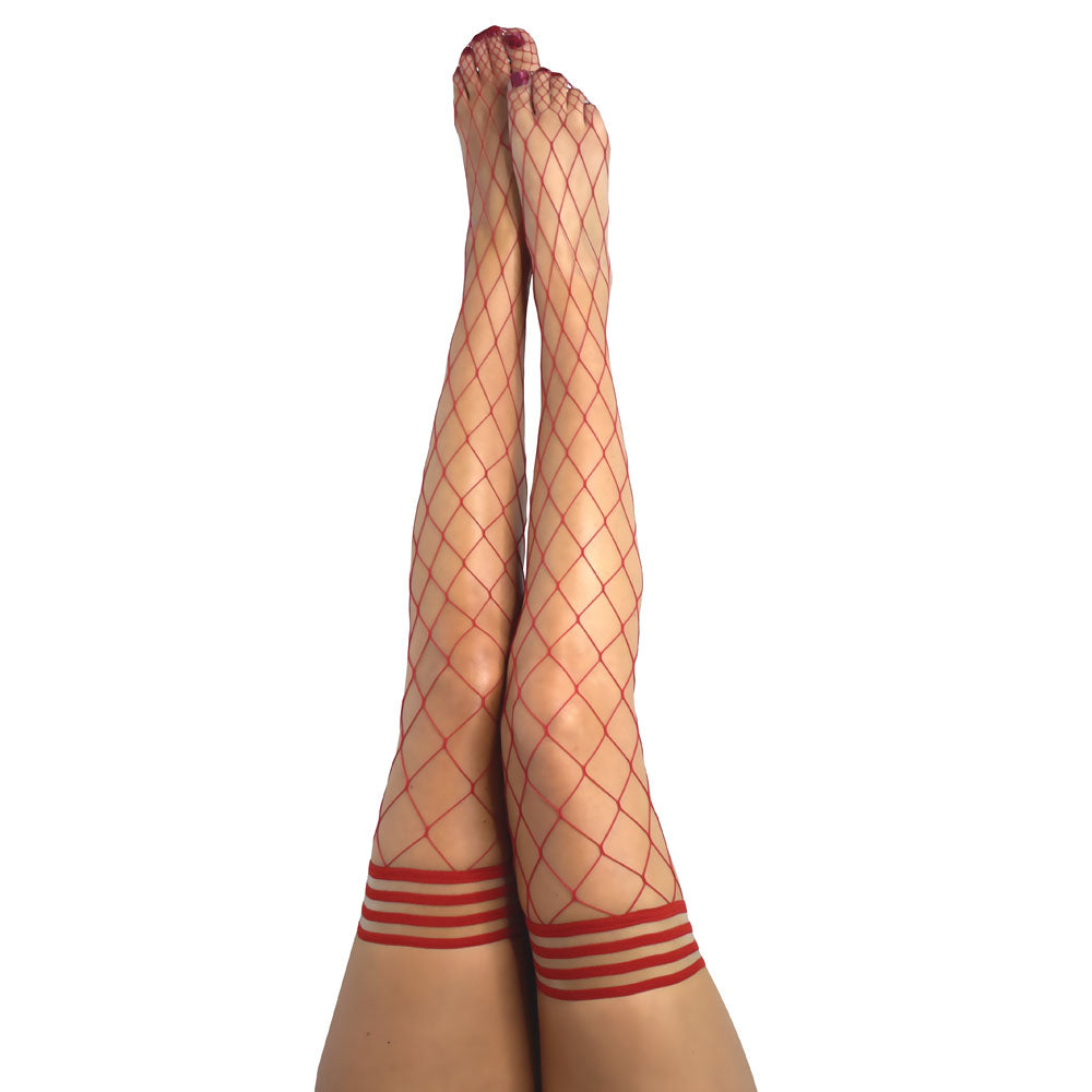 Kixies CLAUDIA Large Diamond Red Fishnet Thigh Highs - Red - Size D