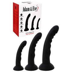 Black anal training devices with 'Adam & Eve' packaging on a white background