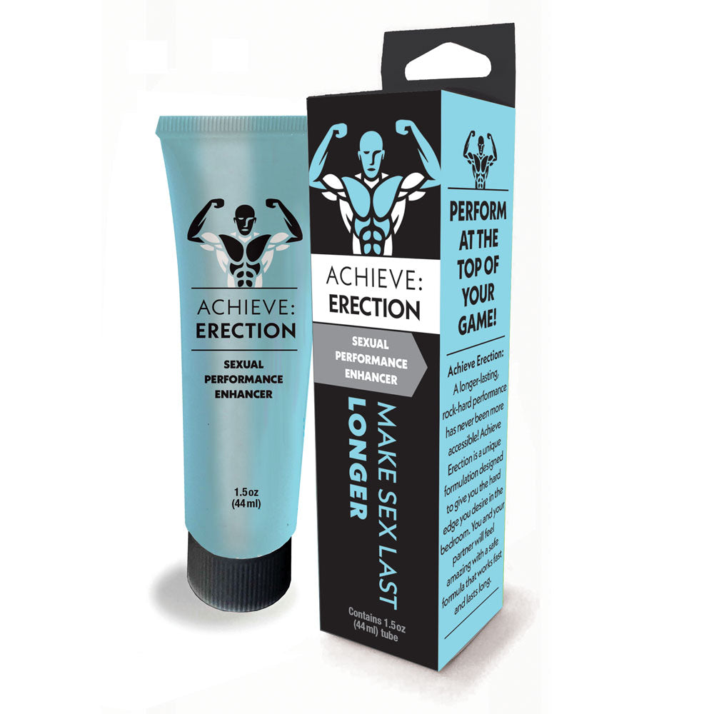 Image of a product called "Achieve: Erection Gel" featuring a muscular figure on the packaging. The product claims to be a "Sexual Performance Enhancer." The tube contains 1.5 oz (44 ml) and is packaged in a box with various marketing slogans about longer-lasting, rock-hard performance.