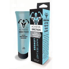 Image of a product called "Achieve: Erection Gel" featuring a muscular figure on the packaging. The product claims to be a "Sexual Performance Enhancer." The tube contains 1.5 oz (44 ml) and is packaged in a box with various marketing slogans about longer-lasting, rock-hard performance.