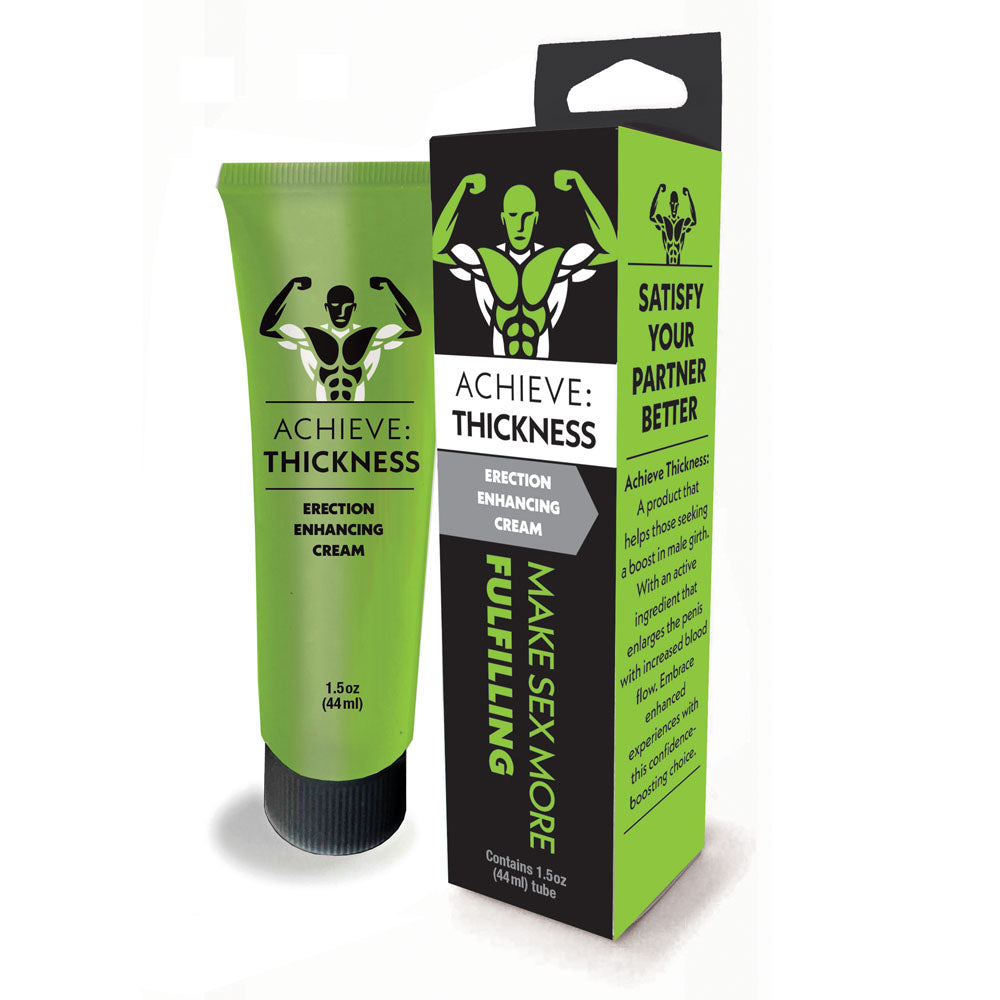Introducing "Achieve: Thickness Erection Enhancing Cream" in a 1.5 oz (44 ml) tube, packaged in green and black with an image of a flexed muscular figure. Made with natural and safe ingredients, this cream promises to enhance your sexual experience and better satisfy your partner.