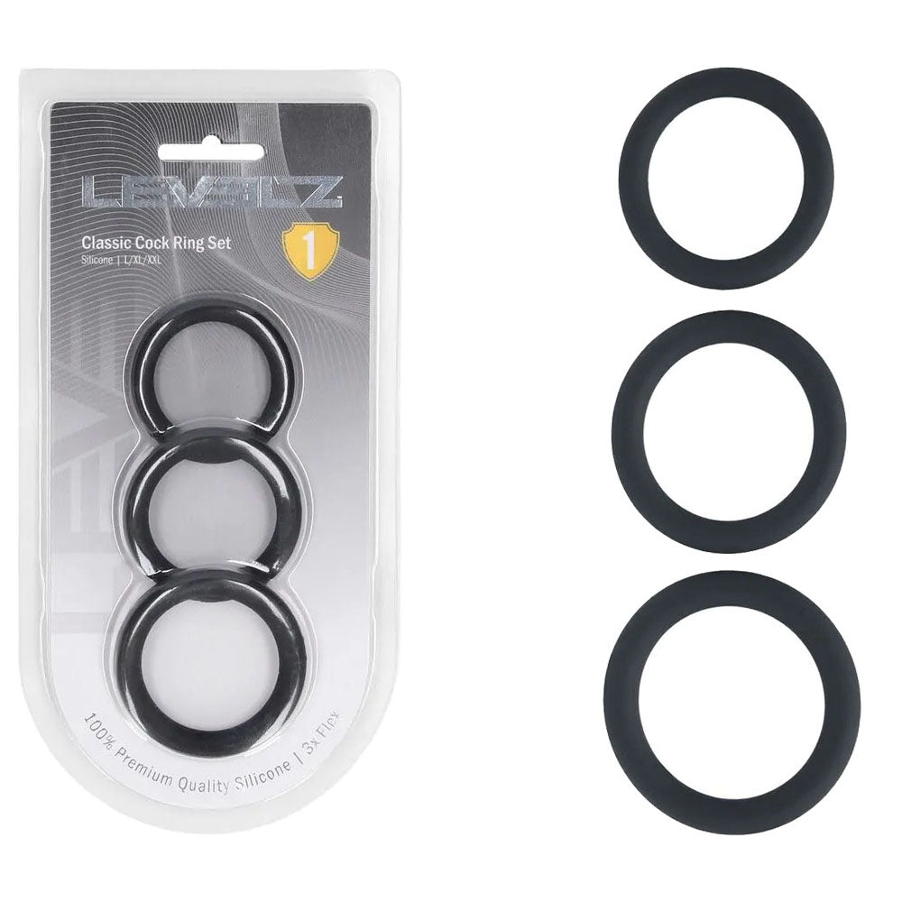 LEVELZ Classic Silicone Cock Ring Set - L/XL/XXL - Black