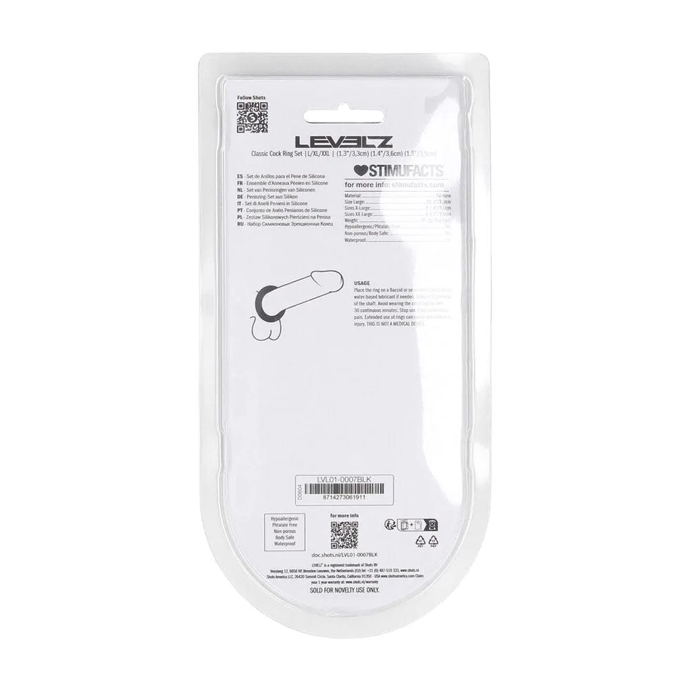 LEVELZ Classic Silicone Cock Ring Set - L/XL/XXL - Black