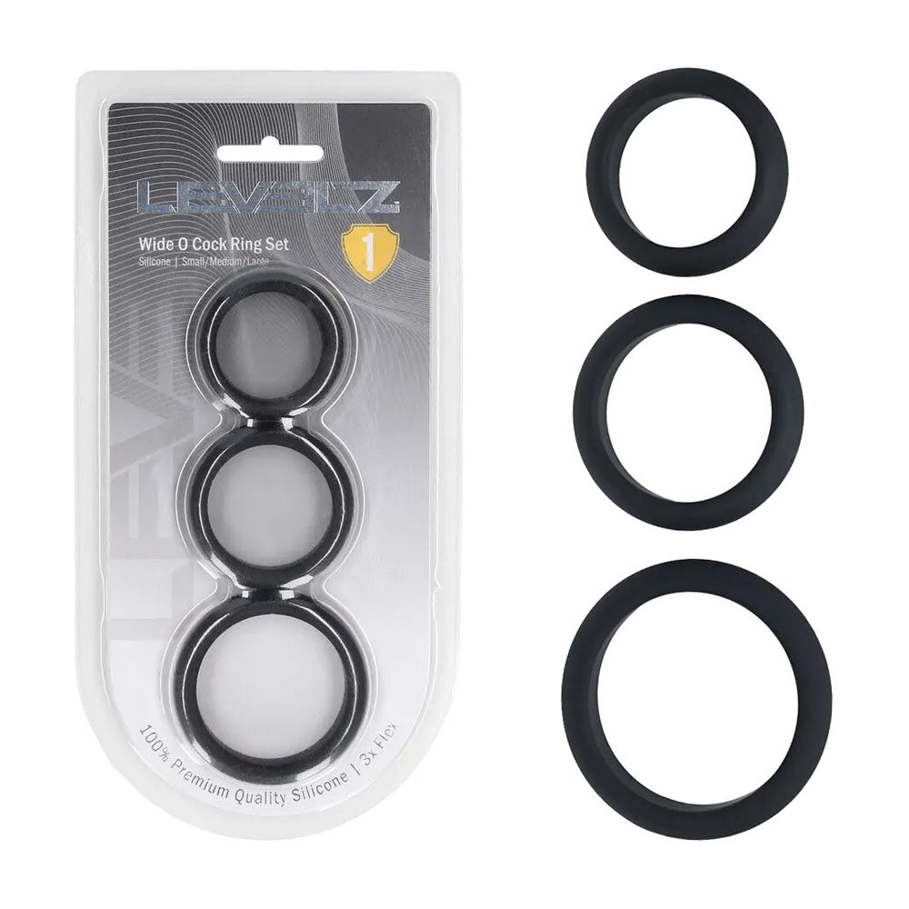 LEVELZ Wide O Silicone Black Cock Ring Set of 3 - S/M/L