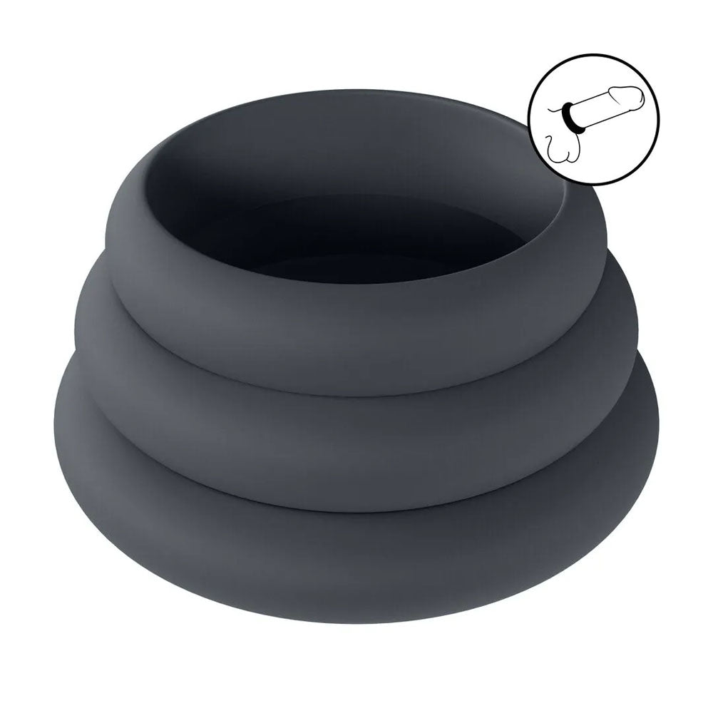 LEVELZ Wide O Silicone Black Cock Ring Set of 3 - S/M/L