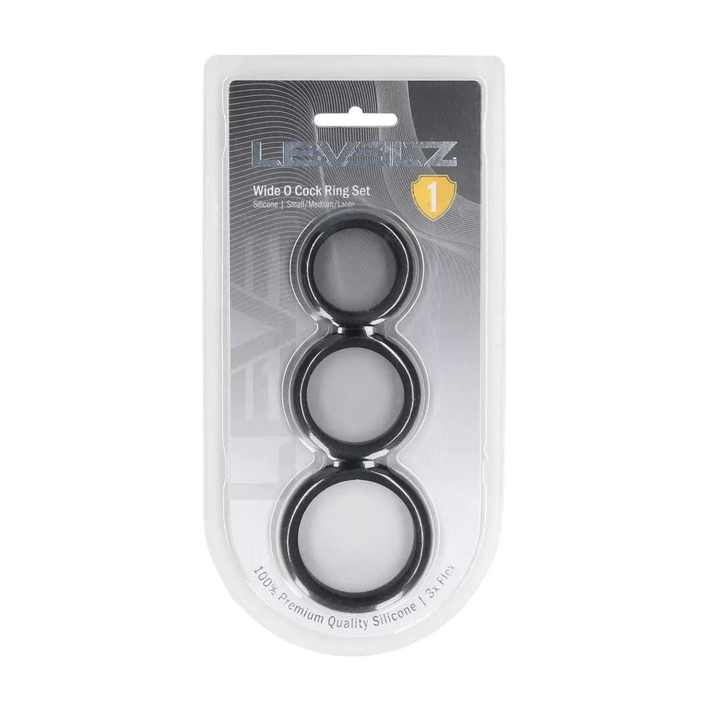 LEVELZ Wide O Silicone Black Cock Ring Set of 3 - S/M/L