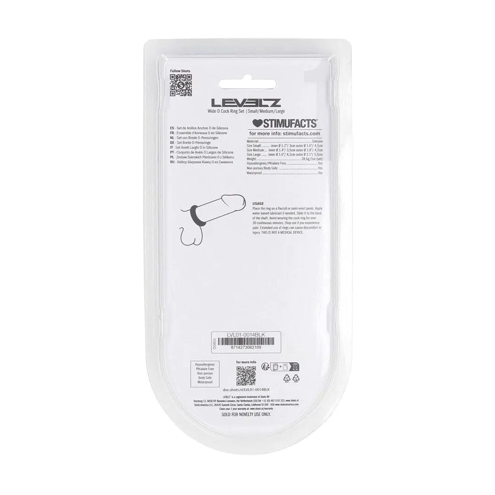 LEVELZ Wide O Silicone Black Cock Ring Set of 3 - S/M/L