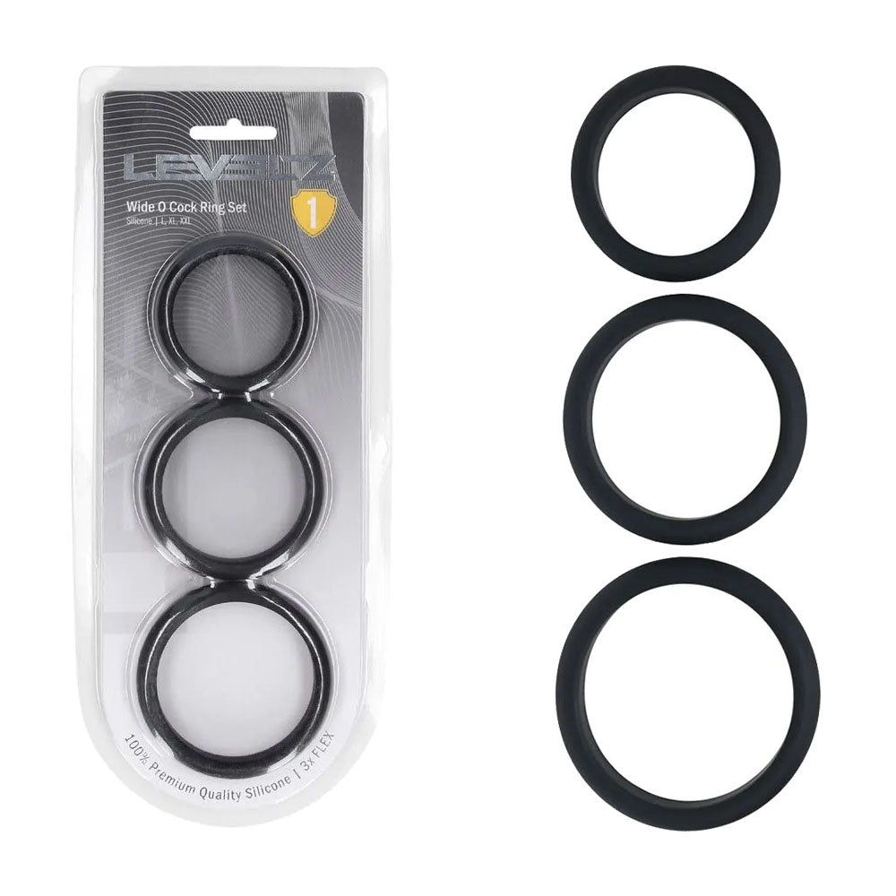 LEVELZ Wide O Silicone Cock Ring Set of 3 - L/XL/2X - Black