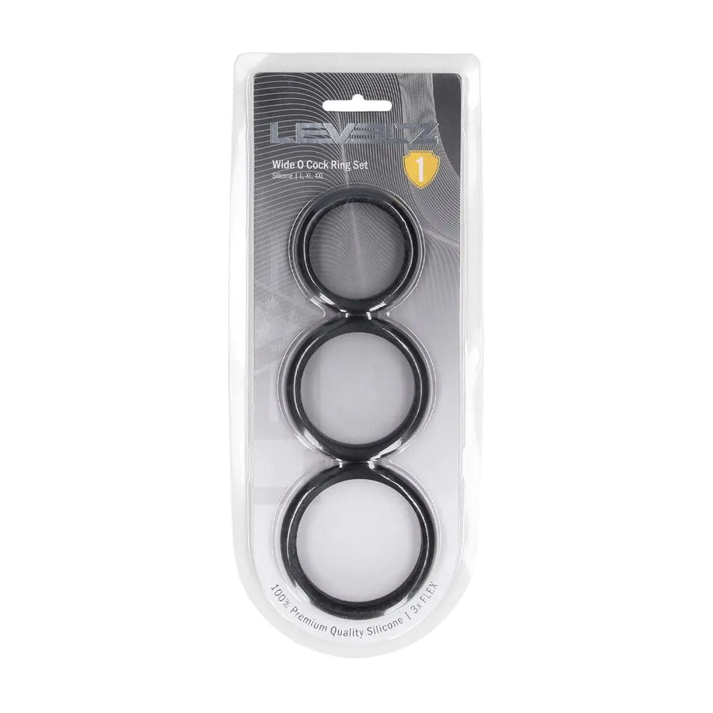 LEVELZ Wide O Silicone Cock Ring Set of 3 - L/XL/2X - Black