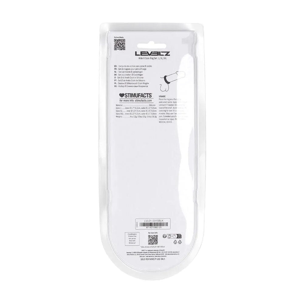 LEVELZ Wide O Silicone Cock Ring Set of 3 - L/XL/2X - Black