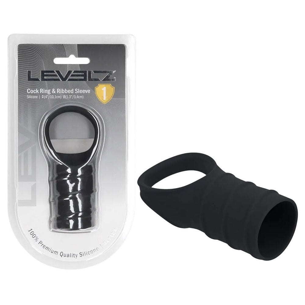 LEVELZ Silicone Cock Ring & Ribbed Sleeve - Black